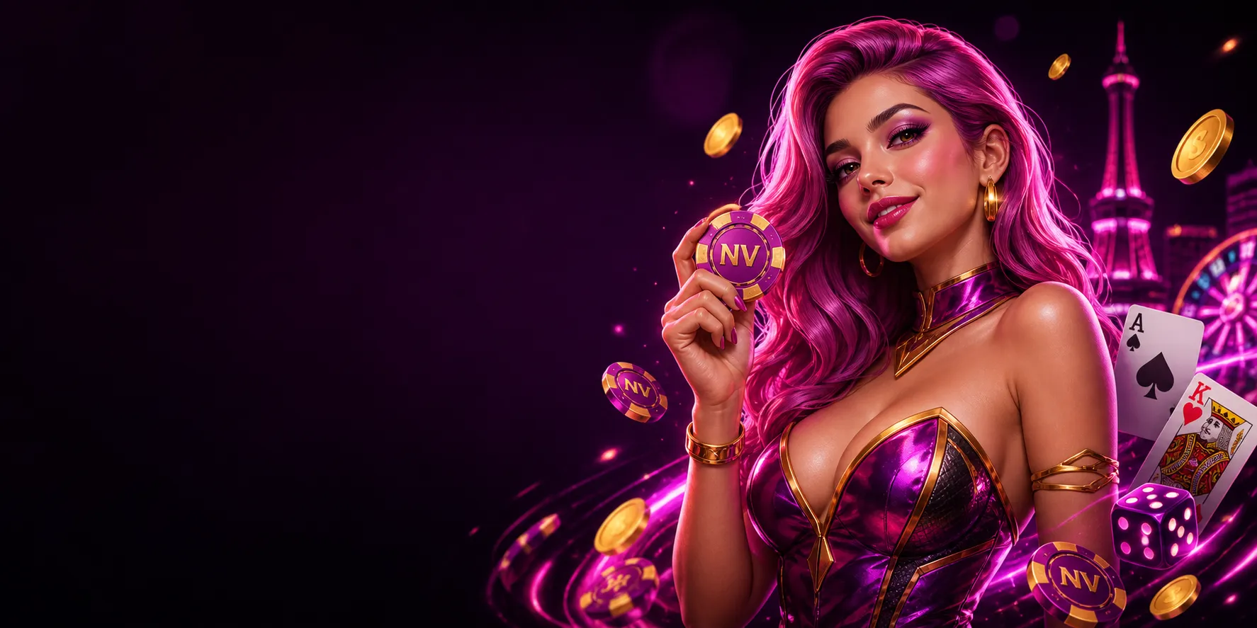 Glamorous CGI casino hostess with pink hair and neon outfit for NV Casino with branded chips and gold accents on right.
