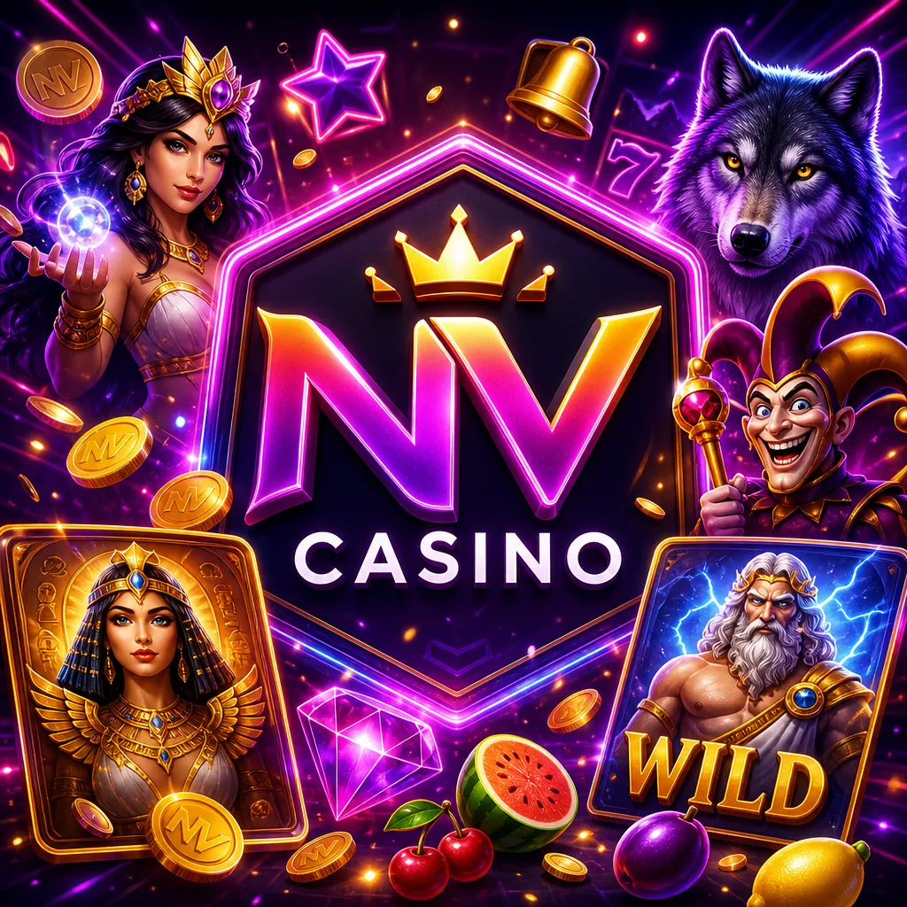 NV Casino promo image featuring official logo, purple-magenta neon colors, and gold accents with slot visuals.